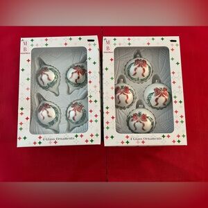 (8) 2003 Merry Brite Glass Ornaments Red Bows/Pine Balls and Teardrops